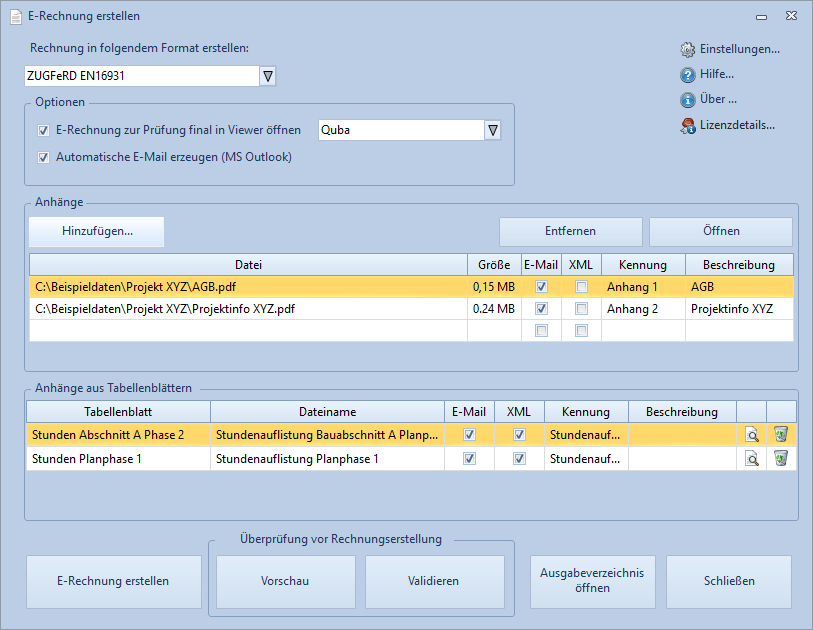 Dialog E-Rechnung erstellen mit vorhandenen Dateianhängen und automatisch aus Excel-Tabellenblättern erzeugten PDF-Anhängen