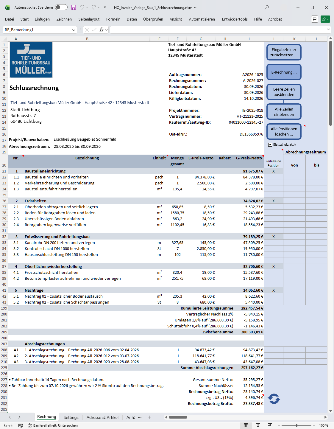 Kumulative Schlussrechnung im Bauwesen in Microsoft Excel mit Held-Office-Invoice-Bedienbereich