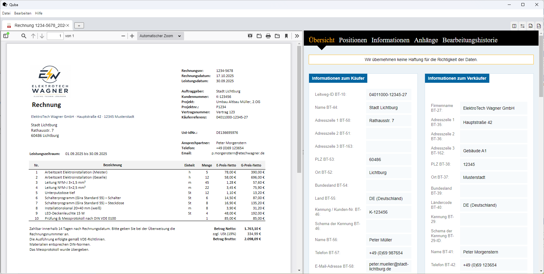 Offline-E-Rechnungsviewer mit sichtbarer PDF-Rechnung links und strukturierten Rechnungsdaten rechts