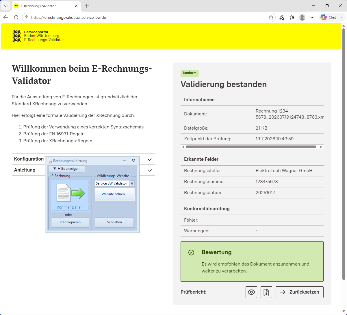 Online-E-Rechnungsvalidator mit dem Ergebnis Validierung bestanden und ohne Fehler oder Warnungen