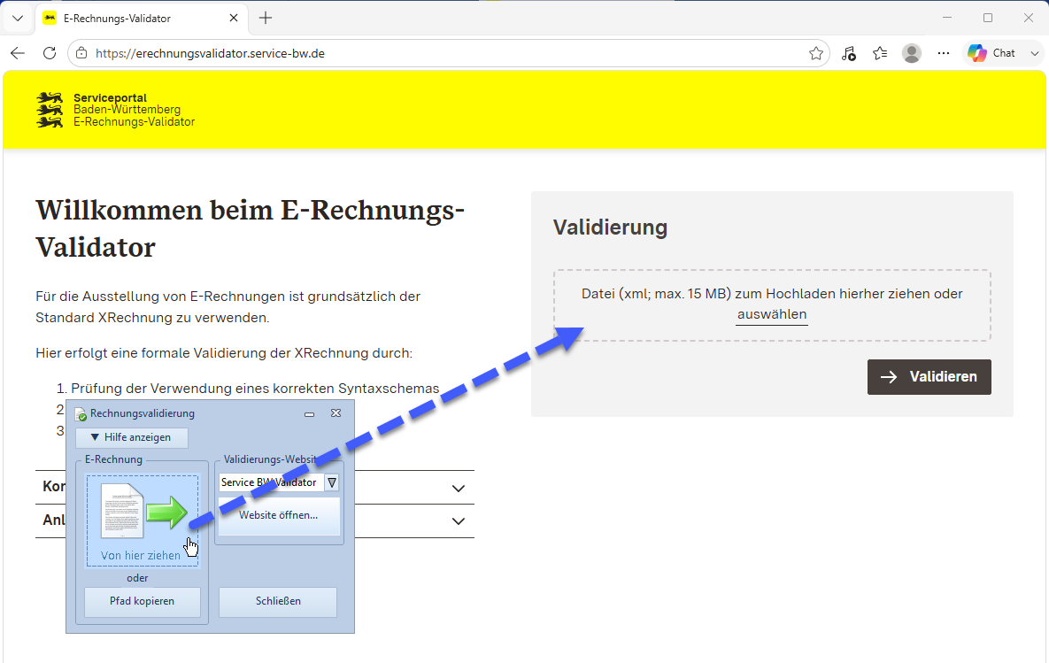 Online-E-Rechnungsvalidator mit Drag-and-drop-Pfeil aus dem Validierungsdialog von Held Office Invoice