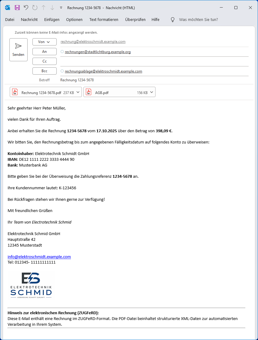 Outlook Classic mit einem vorbereiteten E-Mail-Entwurf, gefüllten Platzhaltern, Empfängern und PDF-Anhängen