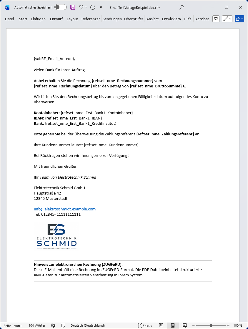 Microsoft Word mit einer formatierten E-Mail-Vorlage, Grafik und Platzhaltern für Rechnungsdaten