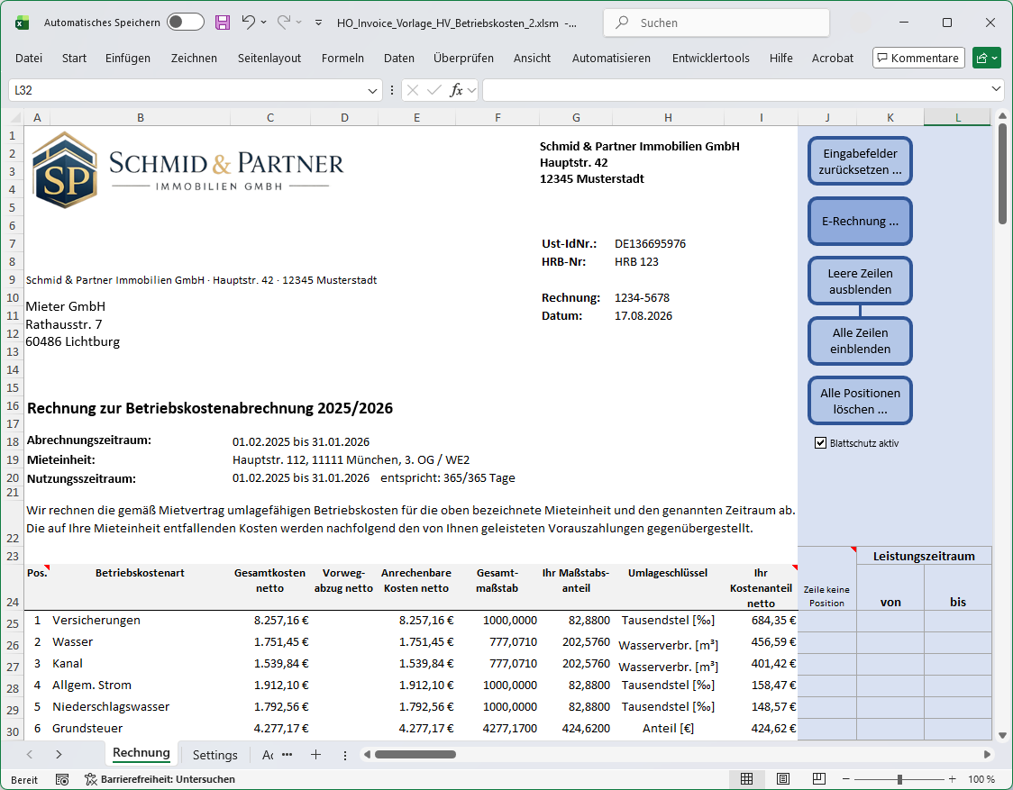 Betriebskostenabrechnung in Microsoft Excel mit Bedienelementen von Held Office Invoice