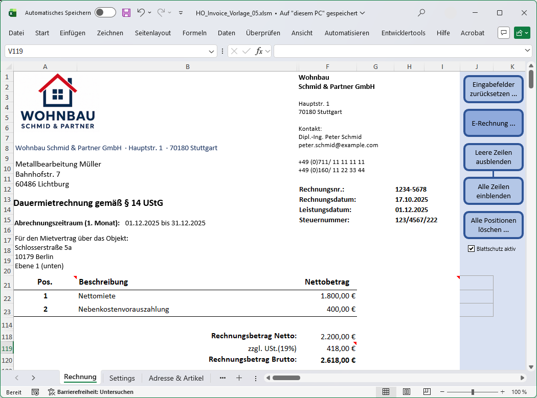 Dauermietrechnung in Microsoft Excel mit Nettomiete und Nebenkostenvorauszahlung