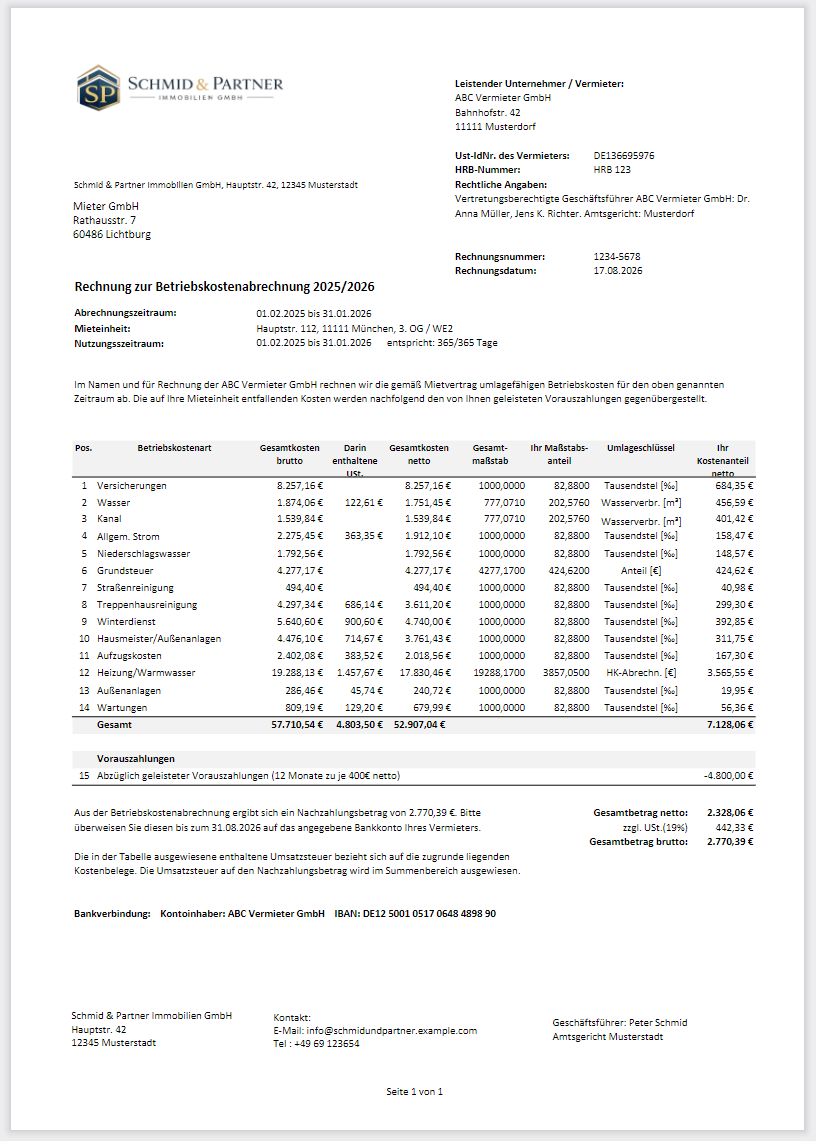 Druckansicht einer Betriebskostenabrechnung im Namen und für Rechnung des Vermieters