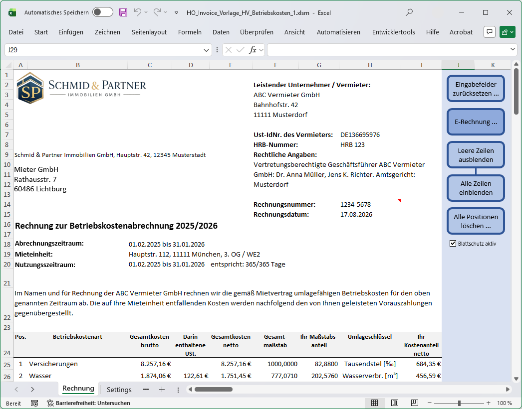 Excel-Vorlage für eine Betriebskostenabrechnung im Namen und für Rechnung des Vermieters