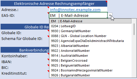 Geöffnete Excel-Auswahlliste für das Schema der elektronischen Adresse