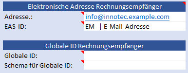 Excel-Eingabefelder für die elektronische Adresse, EAS-ID und globale ID des Rechnungsempfängers