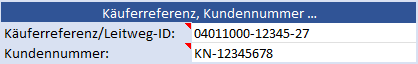 Excel-Eingabefelder für Käuferreferenz beziehungsweise Leitweg-ID und Kundennummer