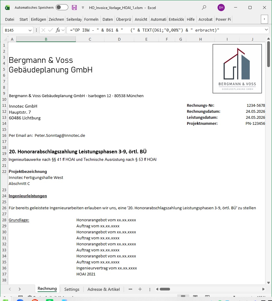 Umfangreiche HOAI-Abschlagsrechnung in Microsoft Excel