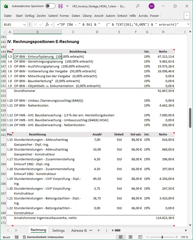 Aus der HOAI-Kalkulation abgeleitete Positionen für die strukturierte E-Rechnung