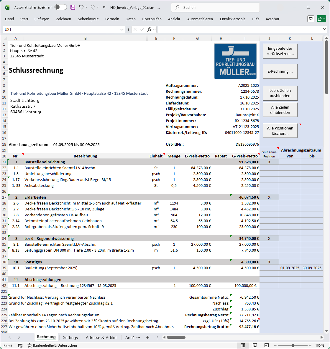 Schlussrechnung in Microsoft Excel mit gegliederten Positionen, Zwischensummen, Abschlagszahlung, Nachlass und Zuschlag