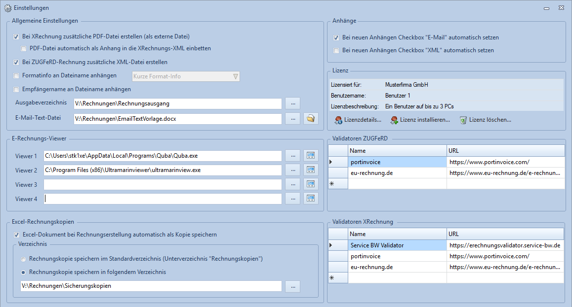 Einstellungsdialog von Held Office Invoice mit Optionen für PDF- und XML-Ausgabe, Anhänge, E-Rechnungsviewer, Validatoren, Rechnungskopien und Lizenz