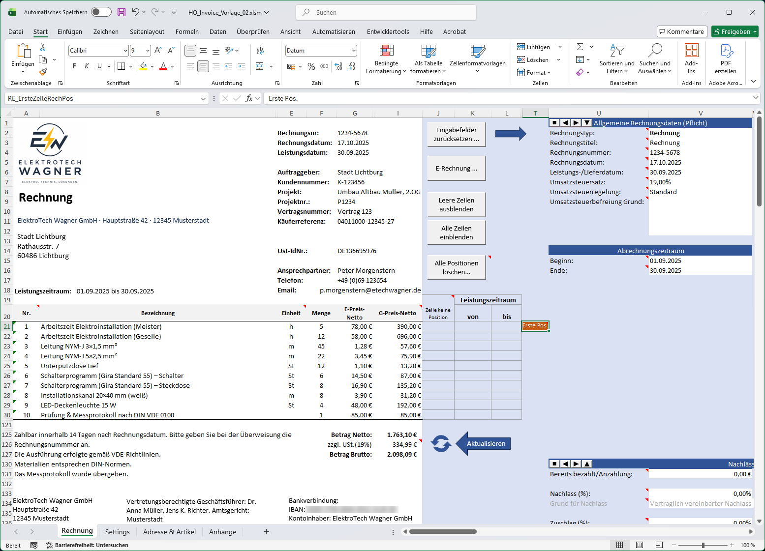 Ausgefüllte Beispielrechnung in Microsoft Excel mit dem E-Rechnungsbereich von Held Office Invoice