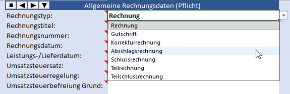 Dropdown-Auswahl mit Rechnung, Gutschrift, Korrekturrechnung, Abschlagsrechnung, Schlussrechnung, Teilrechnung und Teilschlussrechnung