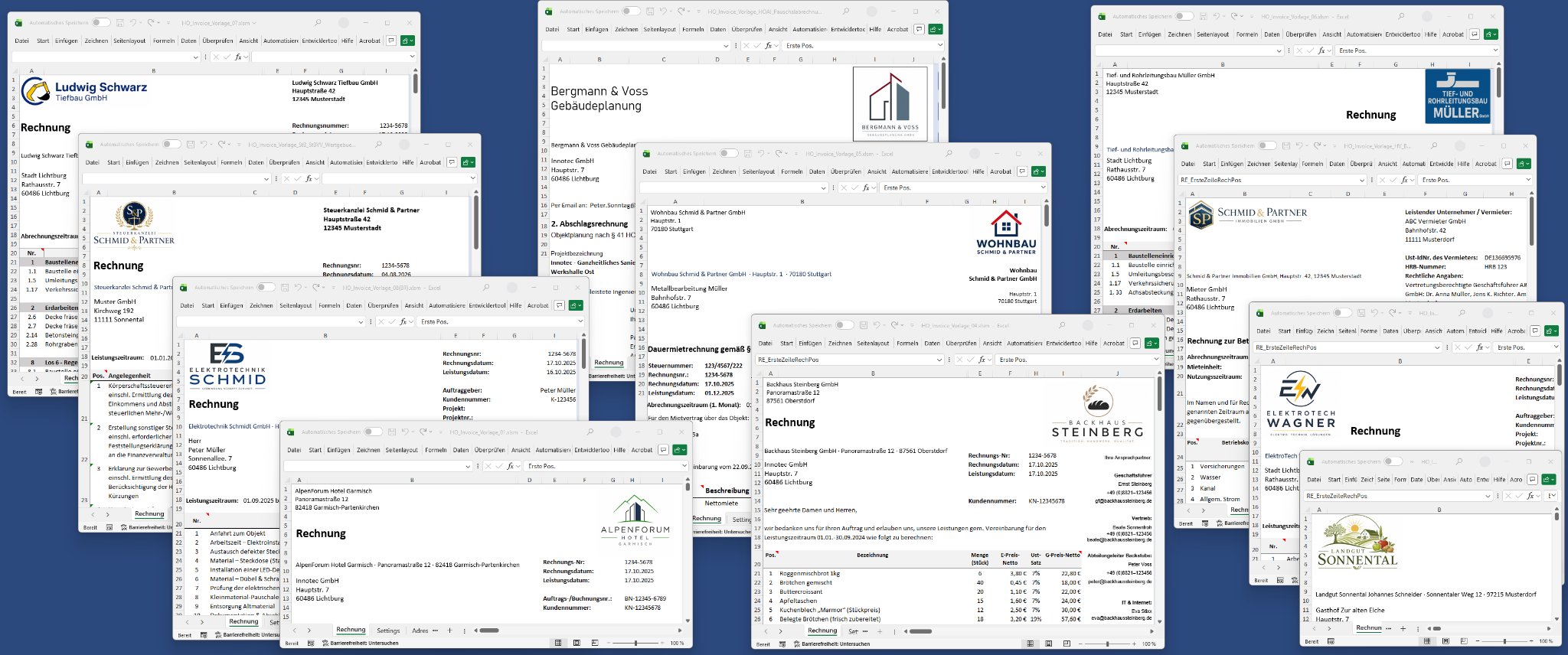 Mehrere unterschiedliche Rechnungsvorlagen als überlappende Excel-Fenster