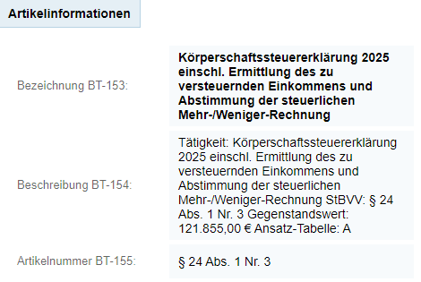 Quba-Darstellung mit Bezeichnung, Beschreibung und Artikelnummer der Rechnungsposition