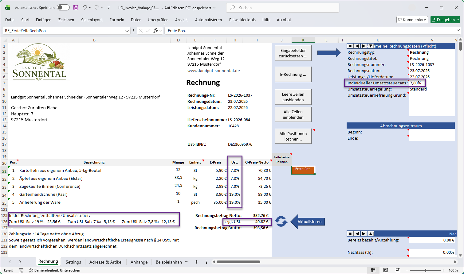 Excel-Rechnung mit unterschiedlichen Umsatzsteuersätzen je Position, einem frei konfigurierten Steuersatz und getrennter Umsatzsteuerausweisung