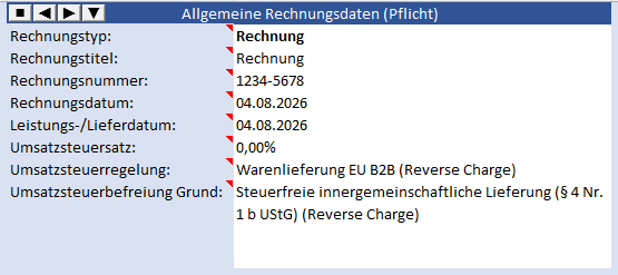 Excel-Rechnung mit ausgewählter Umsatzsteuerregelung und automatisch eingetragenem Grund für die Steuerbefreiung