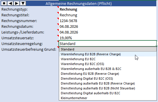 Dropdown-Auswahl verschiedener Umsatzsteuerregelungen wie Standard, Reverse Charge und Kleinunternehmer