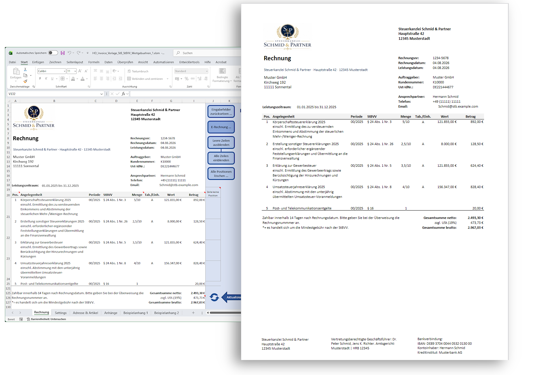 Steuerberater-Rechnungsvorlage in Excel mit fertigem Rechnungsausdruck